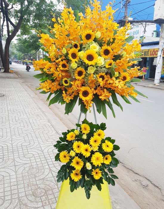 Lẵng hoa chúc mừng khai trương hoa hướng dương kết hợp với hoa lan hồ điệp